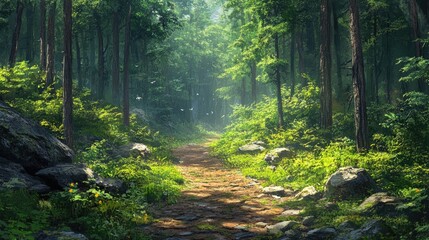 Fototapeta premium A path in the forest with a calm atmosphere and the sound of birds chirping