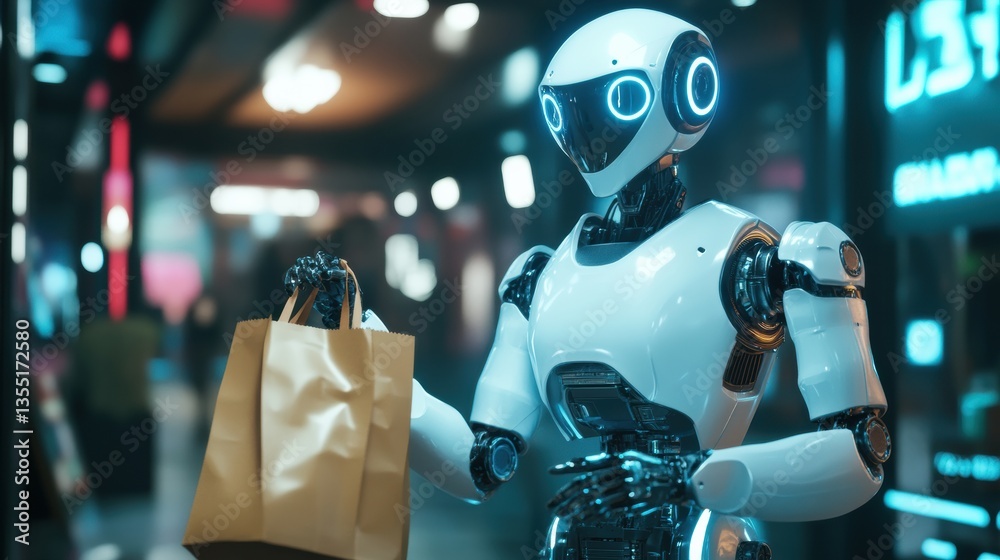 Poster Friendly delivery robot hands over groceries in a stylish cyberpunk setting