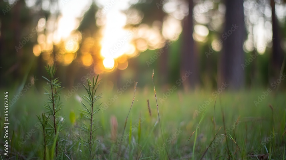 Fototapete closeup of soft green grass with delicate sprigs illuminated by warm sunlight filtering through the 