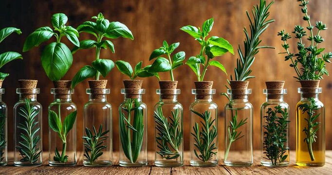 Bottle of essential oil featuring holy basil flower and basil flow. High-quality image.