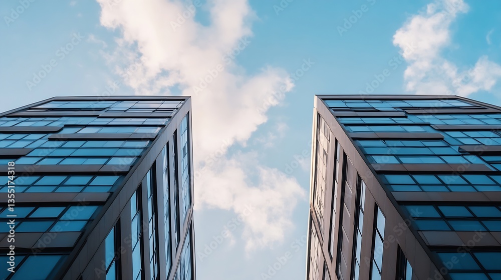 Poster modern glass buildings under blue sky with fluffy clouds creating an urban skyline : generative ai