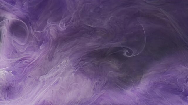 Fog fluid. Haze paint. Purple gray color smoke wave curl spill flow in liquid. Dye blur water dissolve abstract background texture.