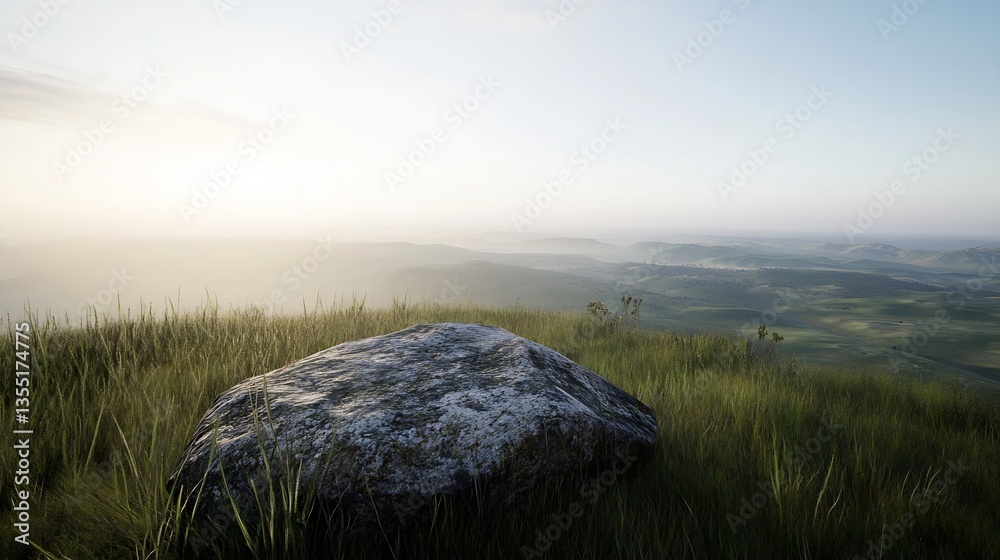 Poster serene view of a rocky outcrop surrounded by lush green grass and rolling hills : generative ai