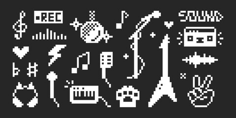 Pixel art music set. Retro vector icons with musical instruments and radio equipment. Digital sound waves, typographic, gamer, disco and rock culture elements in Y2K aesthetic for stickers and prints.