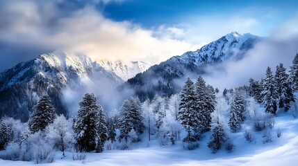 Snowcovered mountains with evergreen trees in a winter wonderland scenery : Generative AI