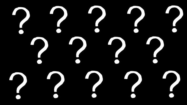 Looping animation of white question marks rotating slowly on a solid black background. Ideal for mystery intros, quizzes, games, or curiosity-themed content.