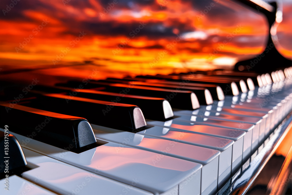 Poster close-up of piano keys reflecting a vibrant sunset, creating a warm and dramatic image, showcasing m