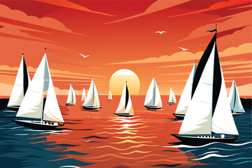 A dynamic, high-resolution image depicting a thrilling sailing regatta, showcasing multiple sailboats intensely competing, hulls cutting through the water.