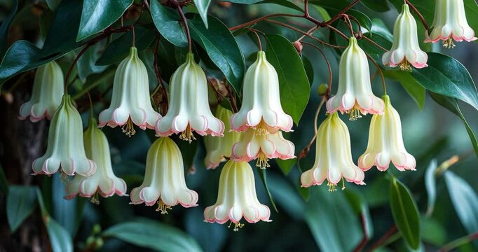 Brachychiton populneus, Bottle tree or Kurrajong with close-up of bell-shaped flowers. This tree is naturally found in summer.