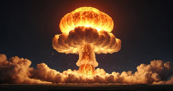 Realistic explosion of an atomic bomb, featuring orange color and smoke against a black backdrop.