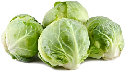 Group of Fresh Green Cabbages Stacked Together on a White Background Highlighting Their Organic Freshness