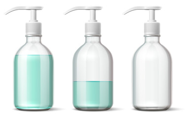 Realistic plastic bubble. Soap dispenser with different liquid levels. Full and empty bottle. Shampoo glass. 3D pump clear container. Cosmetic bath package. Vector packaging mockup set