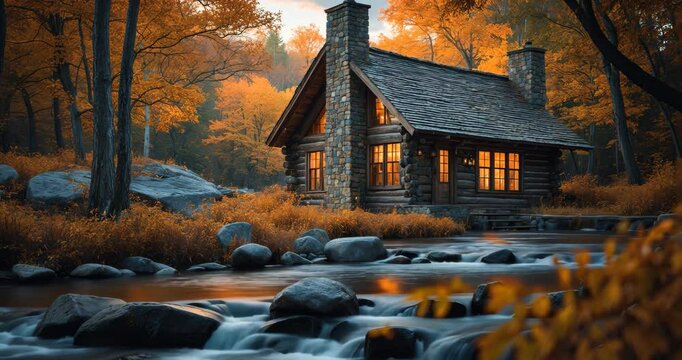 A snug wooden cabin located in the center of a peaceful forest. Its strong timber walls and shingled roof radiate rustic appeal, while a stone chimney suggests the cozy warmth of a flickering fire