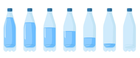 Plastic bottle with different water levels. Full and empty containers. Fresh pure liquid. Refreshing healthy beverage. Drink packaging. H2O fluid. Disposable flask. Vector packages set