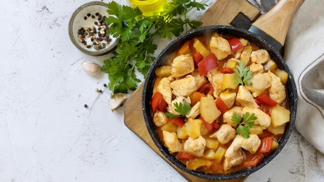 Delicious chicken and vegetable stirfry cooking in a rustic kitchen setting