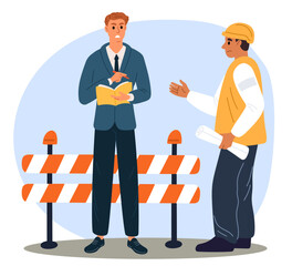 Male inspector checks quality of repair work. Professional architecture inspection. Builder in uniform and hardhat. Construction site. Building audit. Engineers inspect. Vector concept