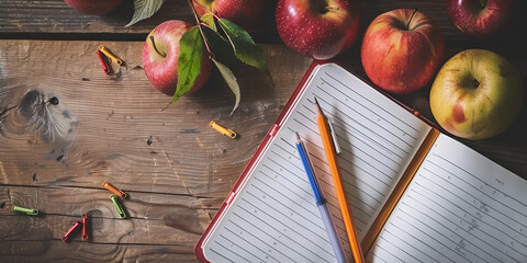 Open notebook with pencils and apples on a rustic wooden table, Cozy study scene with school supplies and fresh apples
