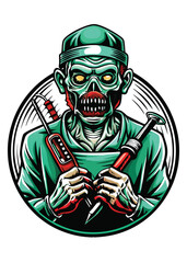 A terrifying zombie surgeon, in blood-splattered scrubs, holding a bloody scalpel.  Detailed, realistic rendering.