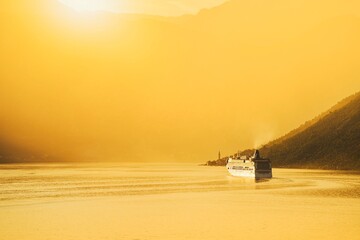 Cruise ship sailing in the bay of Kotor, Montenegro, Europe