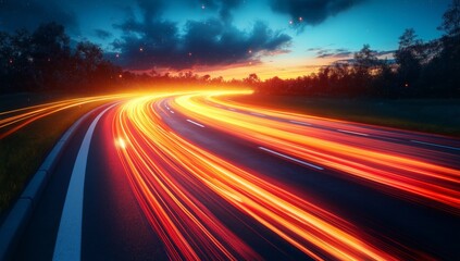 Nighttime highway with glowing light trails.