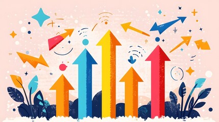 Colorful Arrows Representing Growth and Success Against a Soft Pink Background with Abstract Elements