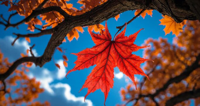 Colorful autumn red maple leaf from beneath the maple tree.