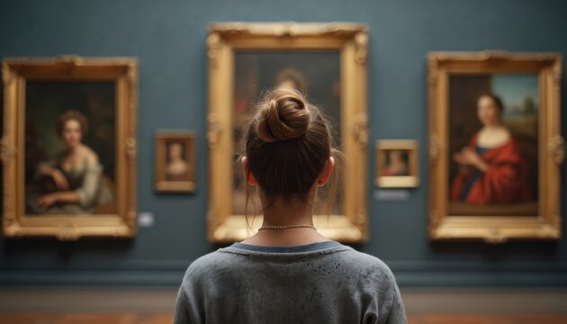 Naklejki Back view woman in art gallery admiring classic paintings. Female visitor looking at artworks, paintings in museum. Historic art exhibition. Museum culture, art history.