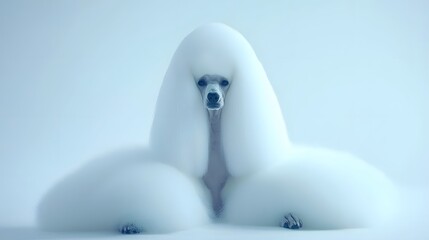 Fluffy White Poodle Sitting Gracefully Against A Soft White Background in Studio Environment