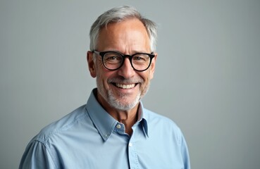 Handsome senior man in eyeglasses looks camera smiling. Happy elderly person with grey hair, beard wearing eyewear in studio. Mature male with positive emotions. Portrait, headshot.