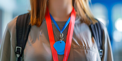 Student wearing ID badges on lanyards at school entrance, Close-up of a student with colorful ID tags on lanyards
