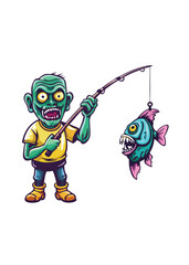 A decayed, undead fisherman, tattered clothes, holding a fishing rod, near murky water.  Focus on the gruesome detail of the zombie.