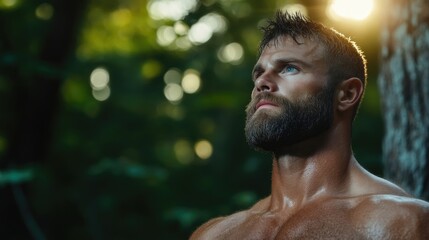 Muscular man outdoors, thoughtful gaze