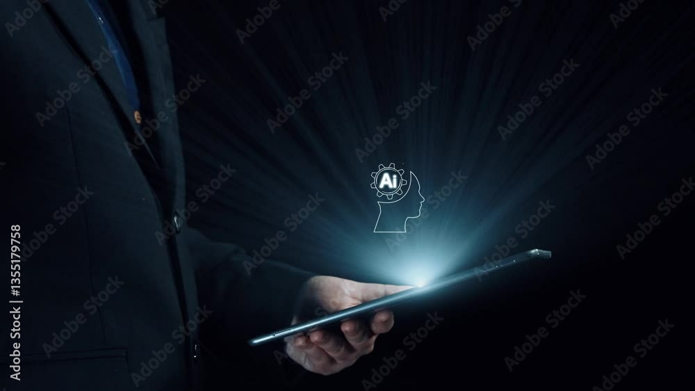 Poster human interact with ai artificial intelligence brain processor in concept of ai artificial intellige