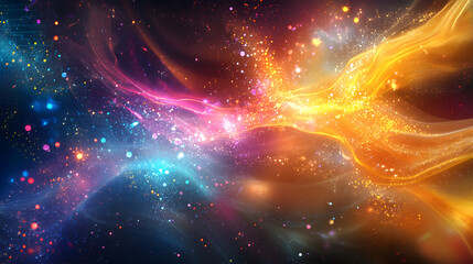 A high-tech AI system floating in a neon-colored space, with beams of light and digital code forming abstract patterns around it.