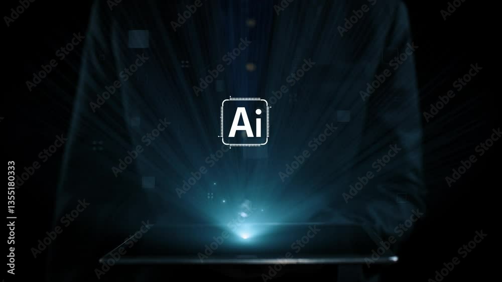 Poster human interact with ai artificial intelligence brain processor in concept of ai artificial intellige