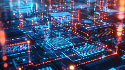 A high-tech AI system interacting with floating data structures in a glowing, futuristic environment, surrounded by neon lights.