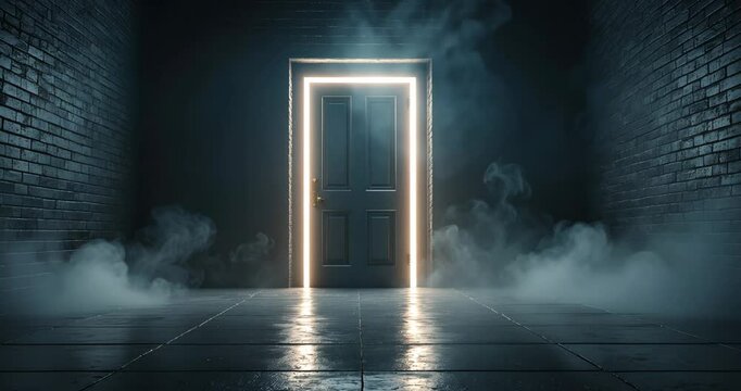 Setting of a vacant dark space. Unfilled brick walls, illumination, mist, shine, beams.