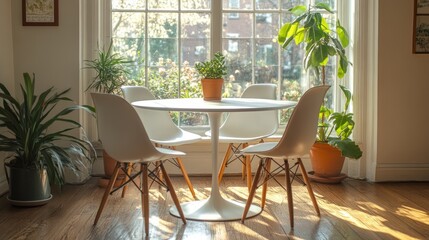 Fototapeta premium Sunlit room with white table and chairs, potted plants.