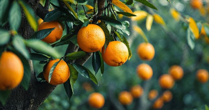 Autumn foliage featuring citrus fruits prior to harvest. Eco-friendly produce. Vitamin C. Green and yellow foliage of trees.