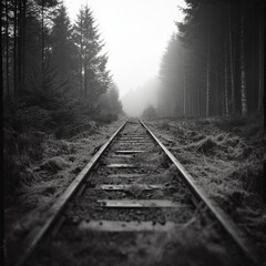 A long, deserted railway track running through a dense forest, the overgrown grass creeping along the sides, the stillness broken only by the sound of the wind, quiet and remote.