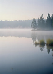 Fototapeta premium Misty Morning Reflections of Trees on a Lake