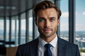 Fototapeta premium Portrait of confident man in tailored suit with blue eyes and perfect teeth against modern office backdrop with large windows.