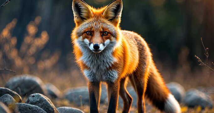 A young wild adorable true red fox stands on all fours, keenly gazing forward while hunting. It possesses a keen intense gaze, soft fluffy fur, and a lengthy tail with a white tip.