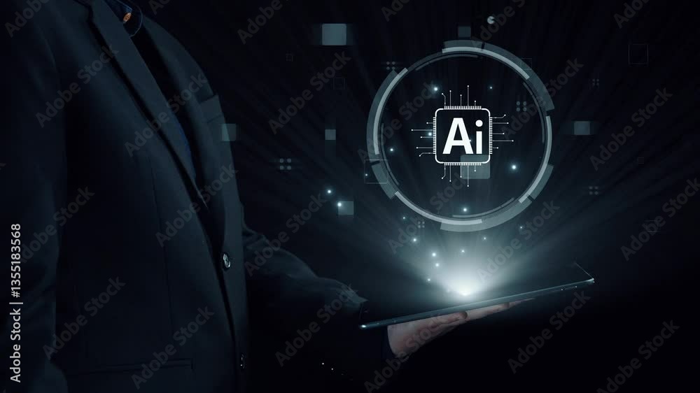 Poster human interact with ai artificial intelligence brain processor in concept of ai artificial intellige