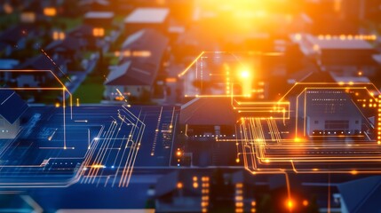 Aerial view of a smart city with glowing digital circuits overlaying modern homes at sunset