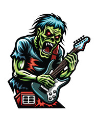 A decaying zombie guitarist passionately shreds an electric guitar, showcasing impressive skill despite decomposition.  Intricate detail on both the zombie and instrument is crucial.
