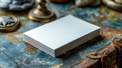 A stack of white cards sits on a table next to a globe