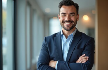 Fototapeta premium Portrait confident businessman smiling in modern office setting. Successful male entrepreneur wearing suit, business wear. Positive, happy, pro, corporate, leadership concept.
