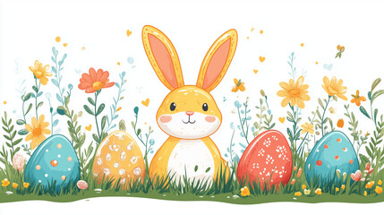 Obraz premium Pixelated Easter Bunny and Colorful Decorated Eggs Amidst Blooming Flowers and Green Grass Festive Holiday Celebration Springtime Graphics with Joyful Cartoon Design