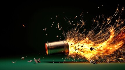 Fiery Metallic Cylinder Explosion on Dark Green Surface